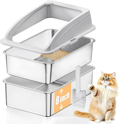 23.6"x15.7"x13.78" Stainless Steel Sifting Litter Box with Lid, XL Sifting Design for Pine Pellets, High Sides Metal Litter Box for Big Cats 7.9in Deep, Easy-to-Clean, Non-Stick