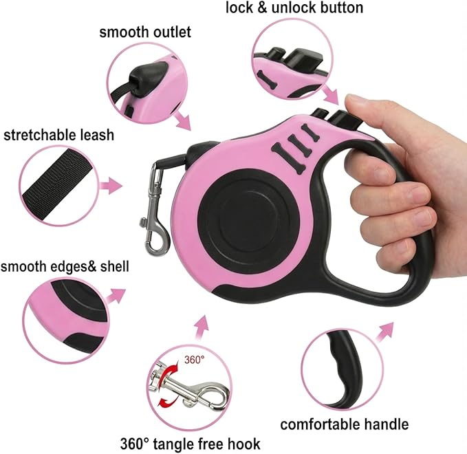 PETIMP Retractable Dog Leash Lightweight 16FT Leash, with Folding Bowl,Dispenser,Waste Bags, for Small Medium Dogs(Pink)
