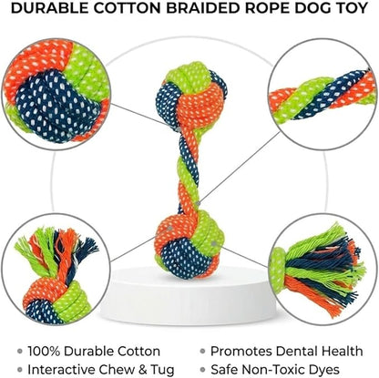 Cotton Rope Dog/Cat Toy, Dumbbell Style Chew Toy, Multicolor Handmade Braided Chew Toy for Dogs/Cats, Tough Dental Knot (2-Piece Set)