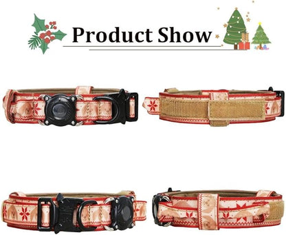 Christmas Tactical Dog Collar with Airtag Holder Waterproof Dog Airtag Collar with Control Handle Adjustable Heavy Duty Dog Collars(Christmas Red，M