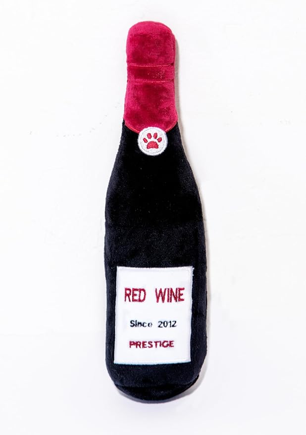 Glow Pups Plush Dog Toy with Squeaker, Durable & Adorable Red Wine Bottle Dog Toy, Engaging & Interactive, Machine Washable, Comforting Toy Dogs - Red