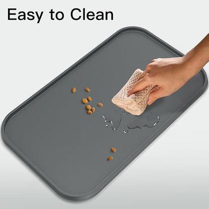 Pet Feeding Mat [Warped Resistant Raised Edge], Water-Proof Silicone Placement for Food Water Bowls, Anti-Slip Base Protect Floor, BPA-Free&Dishwasher-Safe [18.5x11.5inch Small, Gray]