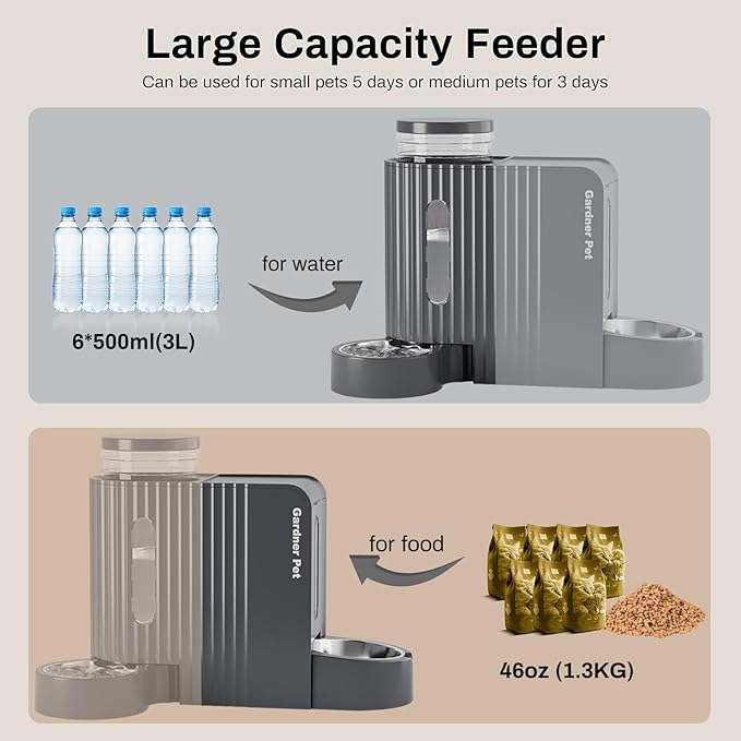 Gardner Pet Gravity Cat Water Dispenser & Food Feeder, Automatic Feeder Stainless Steel Bowls Two-in-One Set Large Capacity for Pets Cats, Kittens, Dogs, Puppies -(0.8 Gallons x 2)