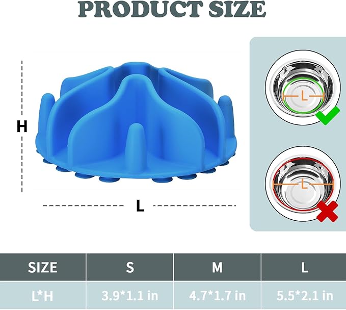 Slow Feeder Dog Bowls Insert, Silicone Slow Feeder Bowl with Strong Suction Cups Perfect for Stainless Steel Glass Ceramic Dog Bowls (Blue, Medium Size)
