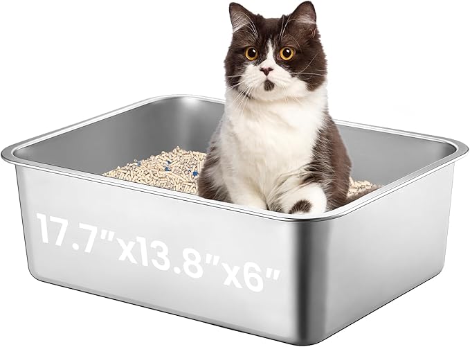 Large Stainless Steel Cat Litter Box, 17.7”x13.8”x6” Metal Litter Box with High Sided for Small Big Cats, Odor Free Kitty Litter Tray, Anti-Leakage, Non Sticky Litter Pan, L