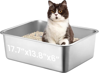 Large Stainless Steel Cat Litter Box, 17.7”x13.8”x6” Metal Litter Box with High Sided for Small Big Cats, Odor Free Kitty Litter Tray, Anti-Leakage, Non Sticky Litter Pan, L