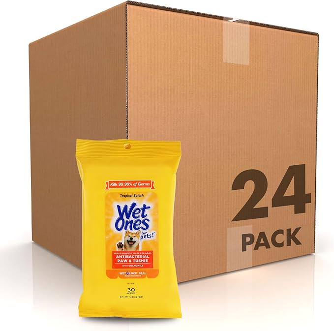 Wet Ones for Pets Paw & Tushie Dog Wipes with Chamomile, Tropical Splash Scent - Cleansing Wipes for Paws and Butt Between Baths with Wet Lock Seal, 30 Count - 24 Pack
