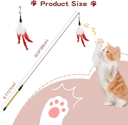 Pawaboo Feather Teaser Cat Toy - Interactive Wand with Extra Long 34.5" Wand and Small Bell, Exerciser Playing Toy for Kittens or Cats, Wine Red & White Feather