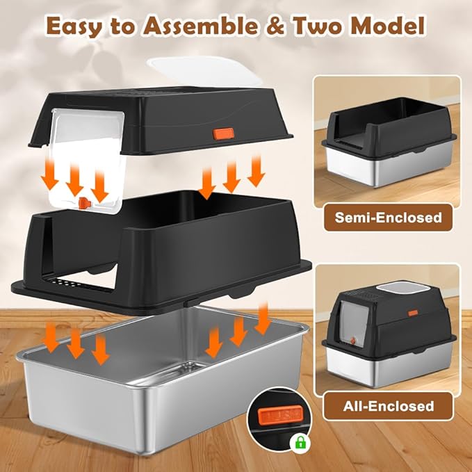 Vivifying Stainless Steel Litter Box with Lid, XL Front Entry Enclosed Extra Large Litter Box for Big Cats & Kitty, Top Exit Metal Cat Pan with Scoop, Mat, Footboard, Charcoal Filter (Black)