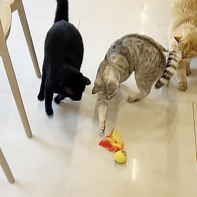 Automatic Cat Toy with Feather Tail – Interactive Moving Ball for Indoor Cats, Rechargeable Battery, Self-Play Boredom Buster for Kitten & Adult Cat, Yellow