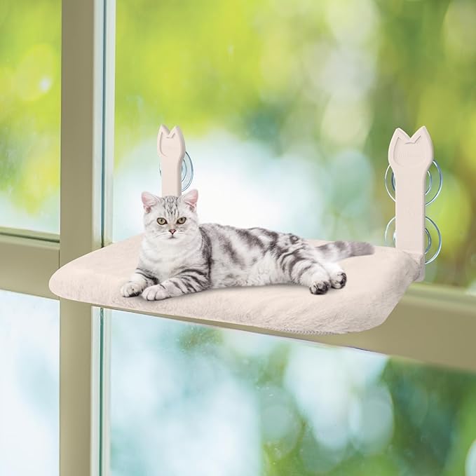 2 Pack Cat Window Perch,Cat Window Hammock Cordless Foldable Window Bed with 4 Large Strong Suction Cup,Reversible Cushion Cover,Metal Frame Easy to Adjust Window Seat Holds up to 40lbs(Beige