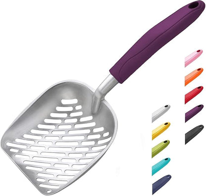WePet Cat Litter Scoop, Aluminum Alloy Sifter, Kitty Metal Scooper, Deep Shovel with Diagonal Sifting Hole, Long Handle, Kitten Poop Lifter for Litter Box, Medium Size, Violet Handle