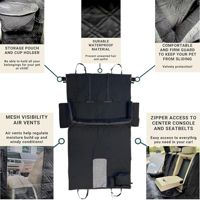 Formosa Covers Premium Heavy Duty Dog Bed Kid Car Back Seat Cover with PetGuard | Waterproof, Fitted Washable Protector, Pet Won't Slide | Zipper for Cup Holder | Fits Truck, SUV, Van, 56" x 94" Black