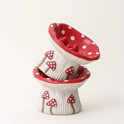 Ceramic Cat Bowl, Cute Red Mushroom Elevated Cat Food Dish, Shallow Raised Feeder, Anti Vomiting, Stress Free, Whisker Fatigue
