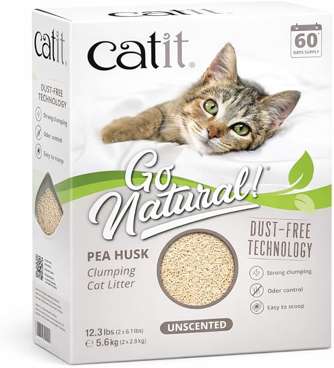 Catit Go Natural Pea Husk Clumping Cat Litter – Unscented, 12.3 lbs – Plant-Based, Eco-Friendly, Dust-Free & Flushable Cat Litter – Natural Clumping Formula, Low Tracking, Highly Absorbent