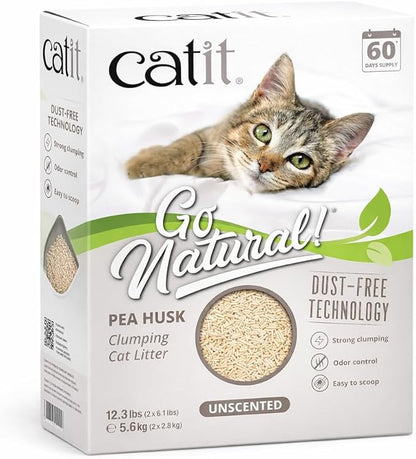 Catit Go Natural Pea Husk Clumping Cat Litter – Unscented, 12.3 lbs – Plant-Based, Eco-Friendly, Dust-Free & Flushable Cat Litter – Natural Clumping Formula, Low Tracking, Highly Absorbent