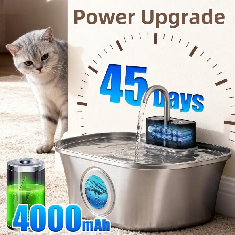 Casfuy PWL-300 Wireless Smart Quiet Stainless Steel Cat Water Fountain, 108-oz - Image 5