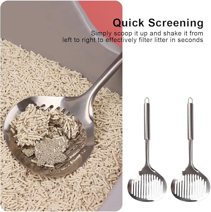 2pcs Cat Litter Scoop, Stainless Steel Litter Scoop Long Handle Durable Cat Mesh Shovel (Sliver)