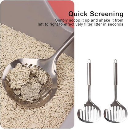 2pcs Cat Litter Scoop, Stainless Steel Litter Scoop Long Handle Durable Cat Mesh Shovel (Sliver)