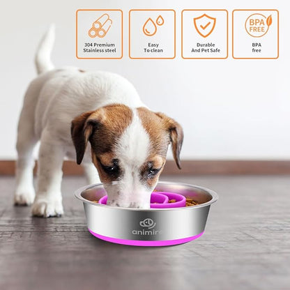 2-in-1 Metal Dog Bowl with Slow Feeder Insert, Stainless Steel Dog Bowls Food Grade 304, Water Food Bowl with Anti-Slip Silicone Base for Small, Medium, Large Dogs