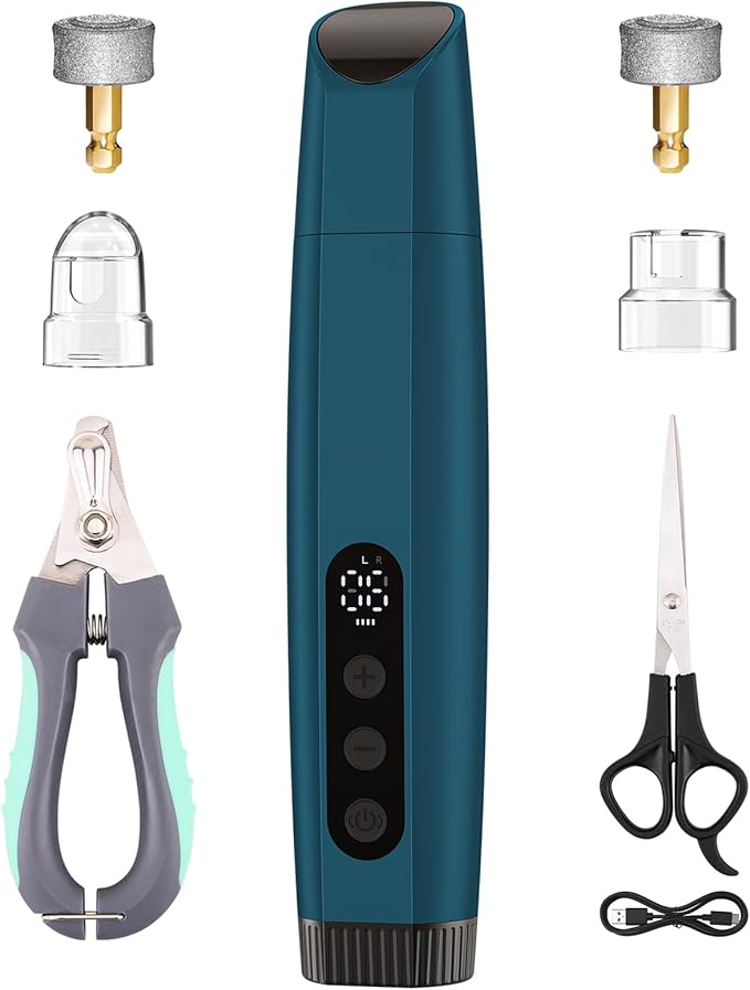 Dog Nail Grinder with LED Light, 6-Speed Quiet Electric Pet Nail Trimmers, Forward/Reverse, Powerful No-Stall Motor, 2000mAh Battery 8H Runtime, 95% Dust Capture for Dogs & Cats