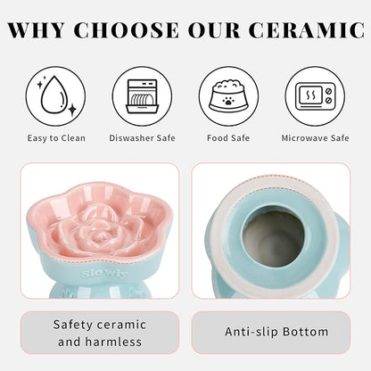 S&Q's CERAMICS Raised Slow Feeder Cat Bowl, Ceramic Elevated and Titled Glass Food Bowl Small Dogs Slow Feeder, Flower Shaped Cute Cat Dish for Dry and Wet Food (Pink, 5.8")