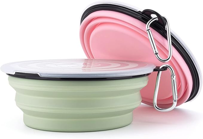 SLSON Dog Bowls Pet Collapsible Bowl with Cover Lids,2 Pack Dog Travel Bowls Portable Foldable Cat Water Dish Bowl for Pets Walking Parking Camping (Fairy Pink and Sprout Green, Large)