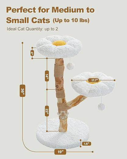 Wood Flower Cat Tree, Modern Cat Tower with Real Wood Branches, Luxury Boho Furniture with Scratching Post and 2 Perches, Cat Climbing Tower for Indoor Cats, Cloud White