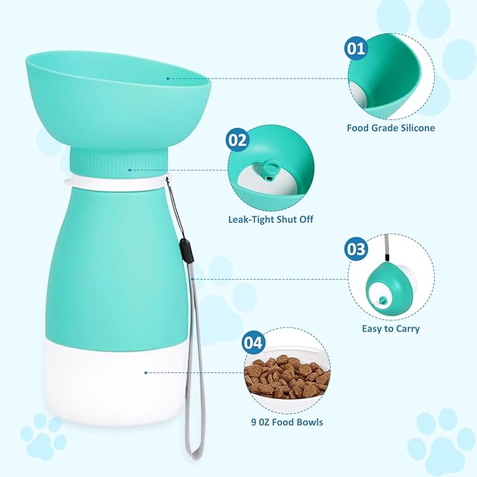 Dog Water Bottle with Food Container, Portable Dog Cat Puppy Pet Water Dispenser Feeder for for Pets Travel, Walking, Hiking and Outdoor Activities