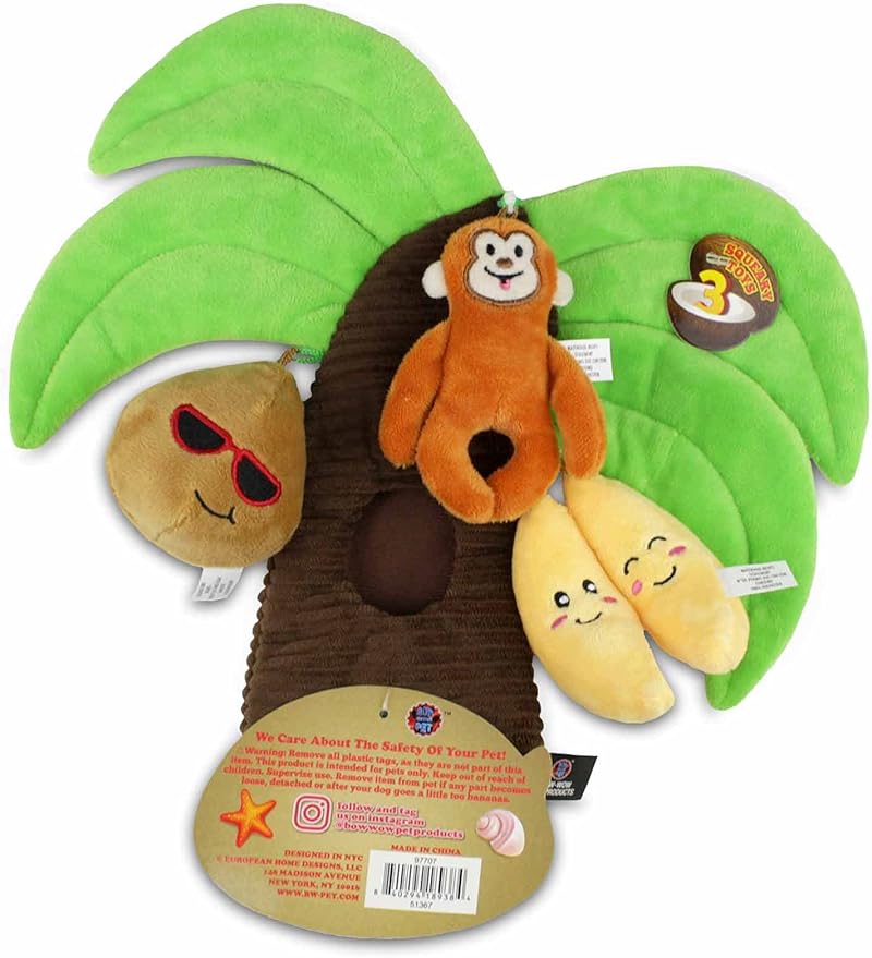 Bow Wow - Dog Toy Hide & Seek Plush Palm Tree | Interactive Toy with 3 Squeaky Mini Toys | Soft Stuffed Puppy Toy for Small & Medium Dogs | Mental Stimulation & Boredom Relief | 10 Inches