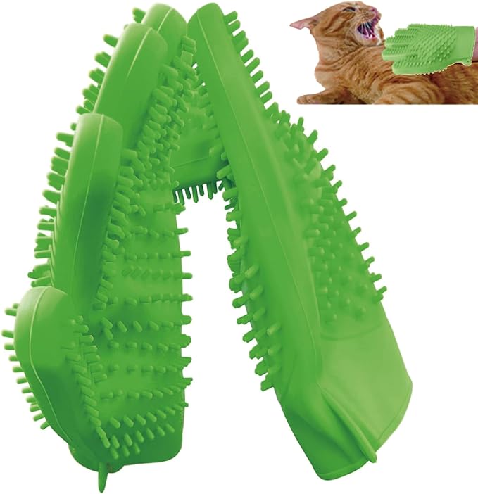 YOFANG Double-Side Pet Hair Removal Gloves for Dogs & Cats,Cat Bite-Proof Gloves Massage and Feeding,4-in-1 Deep Cleaning and Deshedding Brush & Washing Mitt,Suit for Short/Long Hair Pets, (Green)