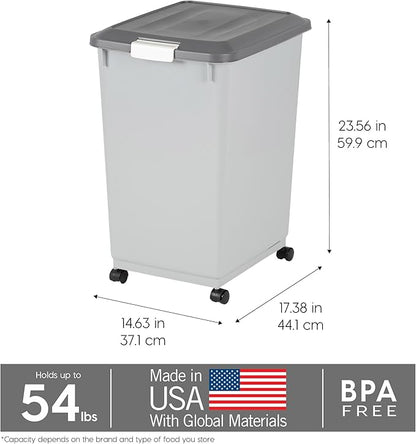 IRIS USA Dog Food Storage Container 54 lbs, 2-Pack with Wheels, Airtight Lid, 2-Cup Scoop, Double Pet Food Storage, Built in Scoop Storage in Lid, Versatile Pet Food Bin, Portable, Gray/Dark Gray