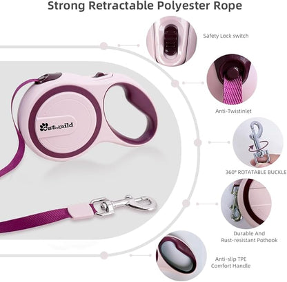 OUTnWILD Retractable Dog Leash - Retractable Dog Leash 16ft for Small/Medium Breeds/Pets Up to 44lbs. 360° Tangle Free Design with One Touch Quick-Lock Braking System&Anti-Slip Handle. (Pink, M)