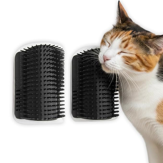 Cat Self Groomer – Wall Corner Grooming Brushes for Cats and Small Pets – Soft Silicone Massage Brush for Shedding Control and Face Rubbing (Black)