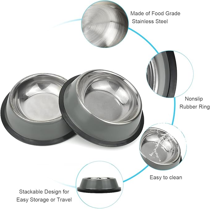 Stainless Steel Dog Bowls, Food and Water Non Slip Anti Skid Stackable Pet Puppy Dishes for Small, Medium and Large Dogs (2 Pack)