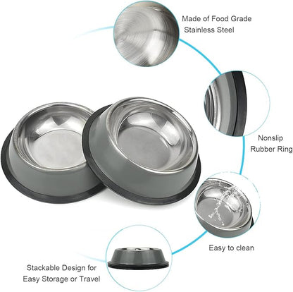 Stainless Steel Dog Bowls, Food and Water Non Slip Anti Skid Stackable Pet Puppy Dishes for Small, Medium and Large Dogs (2 Pack)