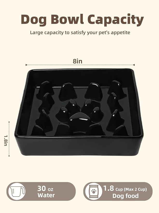 GDCZ Dog Slow Feeder Bowls, Square Ceramic Pet Food Bowl for Medium Breed, Fun Dog Bowls to Slow Down Eating (Black, M-1.8 Cups)