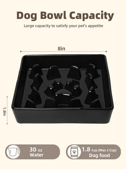 GDCZ Dog Slow Feeder Bowls, Square Ceramic Pet Food Bowl for Medium Breed, Fun Dog Bowls to Slow Down Eating (Black, M-1.8 Cups)