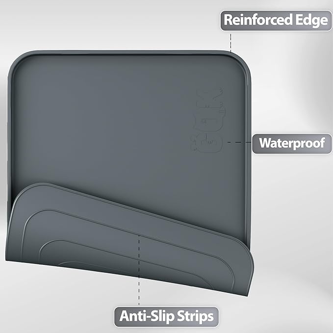 Silicone Dog Food Mat, Waterproof Anti-Slip Pet Feeding Mat with Warped Resistant Raised Edge,Spill-Proof Lip Floor Protection,Dishwasher-Safe Pet Placemat for Dogs & Cats(L 24" x 16" Gray)
