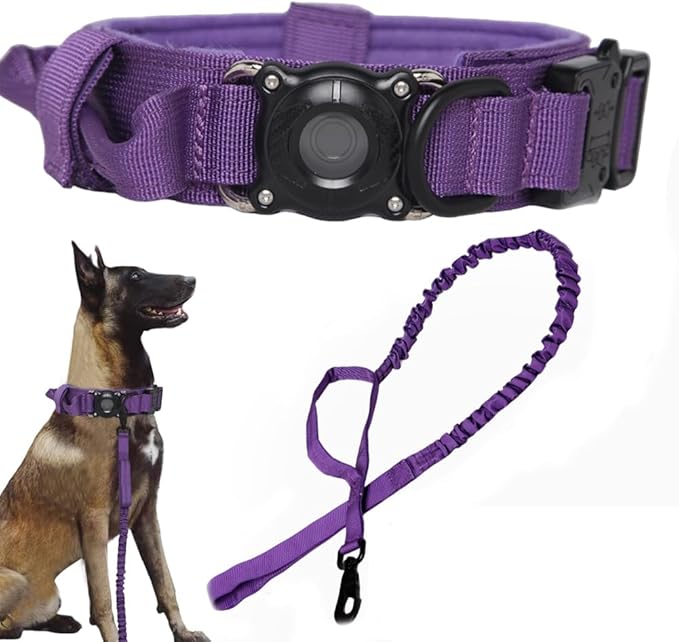 Xqpetlihai Tactical Dog Collar with Airtag Holder Waterproof Airtag Dog Collar with Control Handle and Metal Buckle(DeepPurple，M