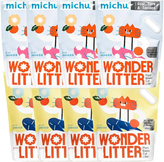 Michu Wonder Litter - Plant-Based & Automatic-Box Friendly 5.5lb/88oz (Lemon Tea + Unscented, 8 Pack)