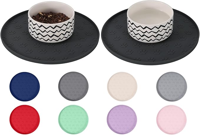 Comtim Waterproof Dog Food Mat - 2 Pack Silicone Pet Food Mat Dog Food Bowl Mats Cat Water Mats Eating Tray, Non-Slip Pet Placemat with Lip for Messy Drinkers to Protect Floor, Black 11"×11"