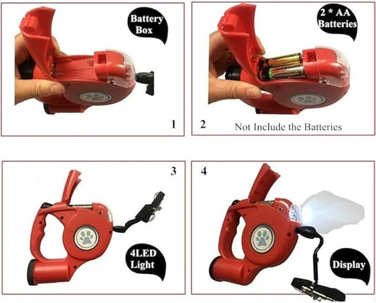 JEBBLAS Old Version Dog Retractable Leashes with Flashlight and Waste Bag Dispenser, 3 in 1 Automatic 15ft Dog Walking Leash with Anti-Slip Handle, Red