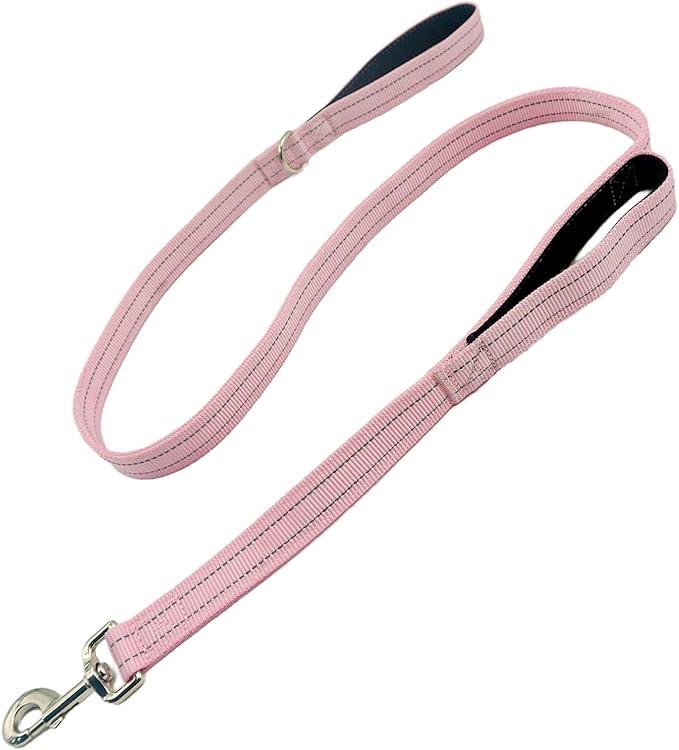 Dual Padded Handle Standard Dog Leashes with Reflective Stitching,360° Rotatable Heavy Duty Metal Buckle,D-Ring,Durable Nylon,for Medium Sized Dogs from 20 to 60 Pounds Walking and Training Pink 5Ft