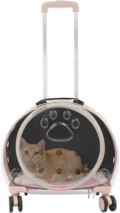 Transparent Bubble Pet Carrier with Wheels, Breathable Cat Dog Travel Carrier with 3-Stage Handle & Removable Strap, Portable Trolley Case with Ventilation for Small Dogs & Cats (Light Pink)