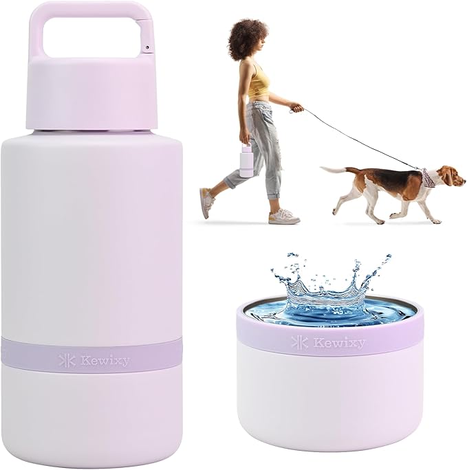 KEWIXY Insulated Dog Water Bottle with Travel Bowl, Dog Lover Gift, Portable Water Bottle Dispenser, Accessories for Car, Hiking, Camping, Outdoor, Leak-Proof, Detachable (Pale Mauve)