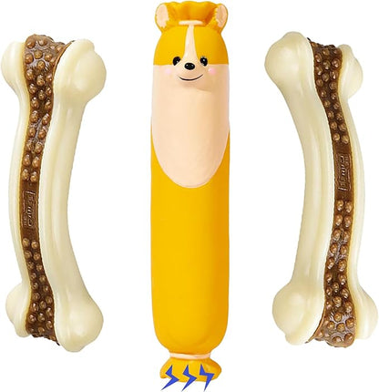 Dog Bone Chew+SqueakyToys for Aggressive Chewers, 2 Pack Real Beef Flavor+1Pack Latex Funny Interactive Toys , Indestructible Teething Toys for Medium/Large/Small Breed, Toy With Durable Nylon