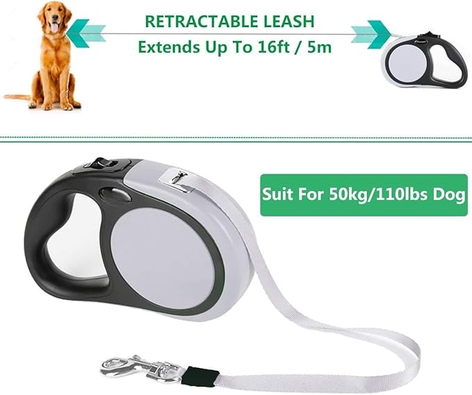 Dual Retractable Dog Leash for 2 Large Dogs (Up to 110 Lbs Each) - Double Headed 16 ft Extendable Pet Leash with Poop Bags, Non Slip Grip - One Button Break & Lock, 360 Tangle-Free (Gray, Large)