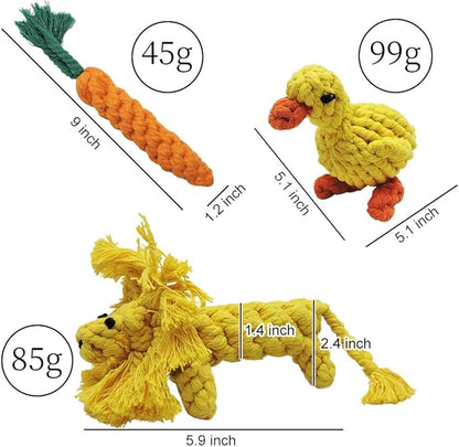 Andiker 3PCS Cotton Rope Puppy Teething & Training Durable Dog Plush Toys - Lion, Carrot & Duck Interactive Biting Rope Dog Chew Toys