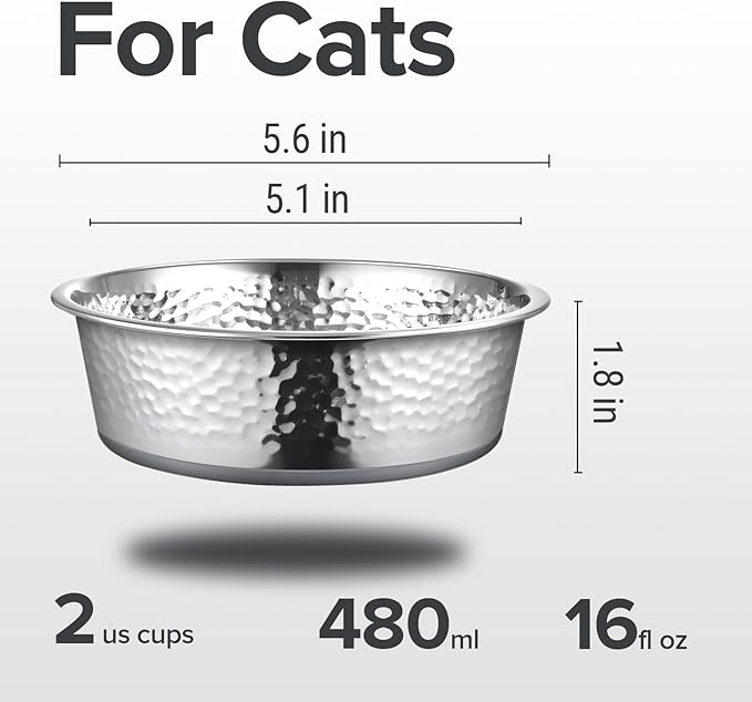 URBUDDIES 2 Pack Hammered Stainless Steel Cat Bowls, Premium Metal Cat Bowls with Non Slip Rubber Bottom, Dishwasher Safe, Easy to Clean, 2 Cup, Gray Bottom